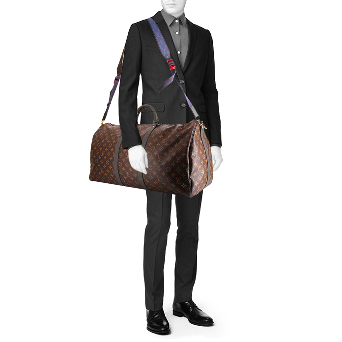 Bolsa de viaje Louis Vuitton Keepall Editions Limitées Kim Jones en lona Monogram marrón y cuero gris - Detail D2