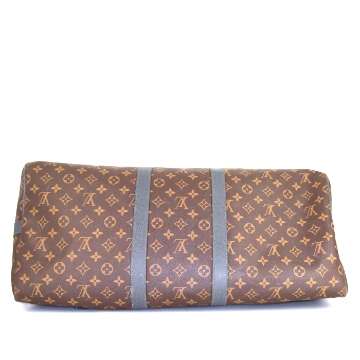 Bolsa de viaje Louis Vuitton Keepall Editions Limitées Kim Jones en lona Monogram marrón y cuero gris - Detail D5