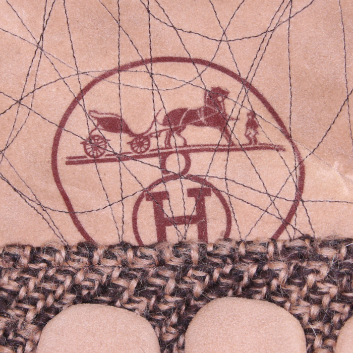 Hermès Petit H shopping bag in beige logo canvas and brown suede - Detail D3