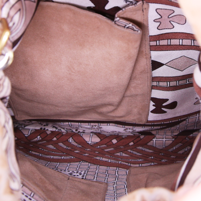 Sac cabas Hermès Petit H en tissu siglé beige et suédine beige - Detail D2