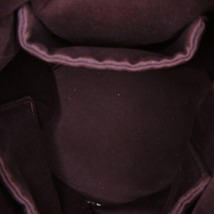 Shopping bag Hermès Petit H in tessuto siglato beige e seta marrone - Detail D2