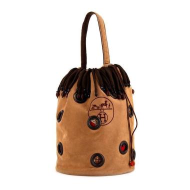 Sac cabas Hermès Petit H en tissu siglé beige et soie marron