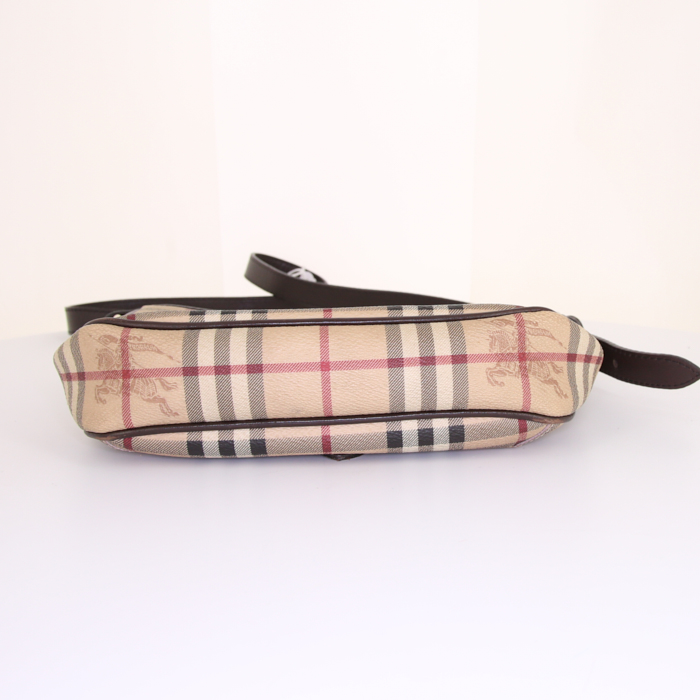 Sac bandoulière Burberry en toile Haymarket beige et cuir marron - Detail D4