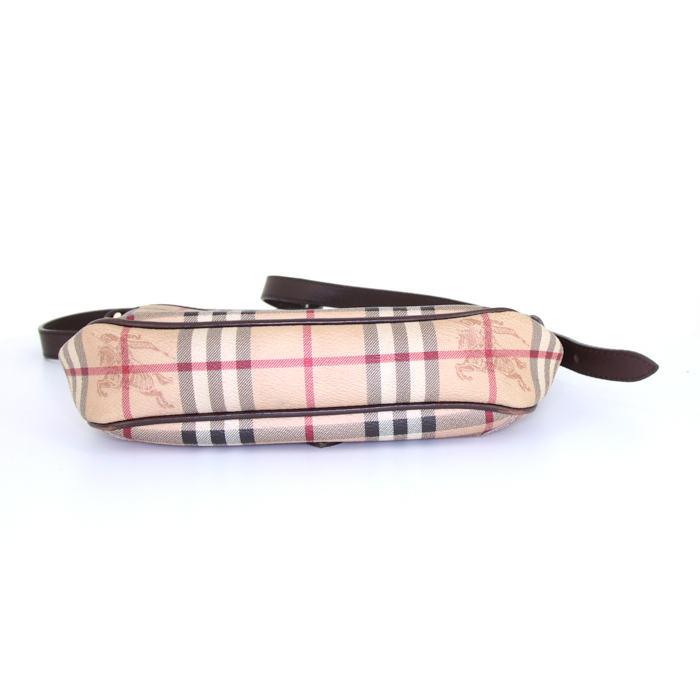 Sac bandoulière Burberry en toile Haymarket beige et cuir marron - Detail D5