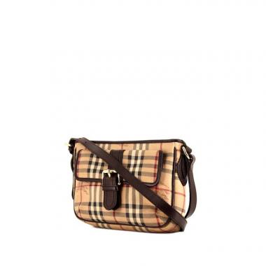 Borsa a tracolla Burberry in tela Haymarket beige e pelle marrone