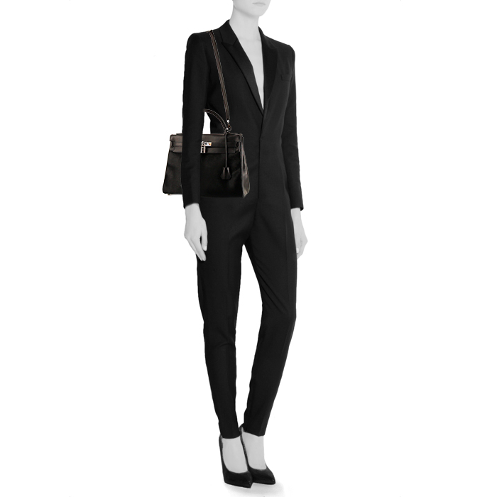 Borsa Hermes Kelly 32 cm in pelle Swift nera e puledro nero - Detail D2