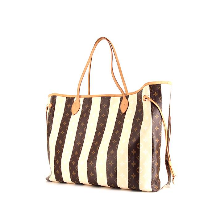 Shopping bag Louis Vuitton Neverfull taglia XL in tela monogram marrone e beige a righe e pelle naturale
