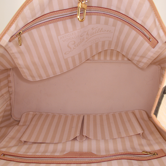 Shopping bag Louis Vuitton Neverfull taglia XL in tela monogram marrone e beige a righe e pelle naturale - Detail D2