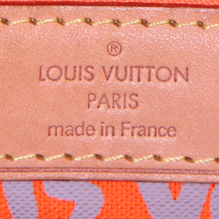 Sac cabas Louis Vuitton Neverfull Editions Limitées Stephen Sprouse grand modèle en toile monogram marron et rouge-orangé et cuir naturel - Detail D3