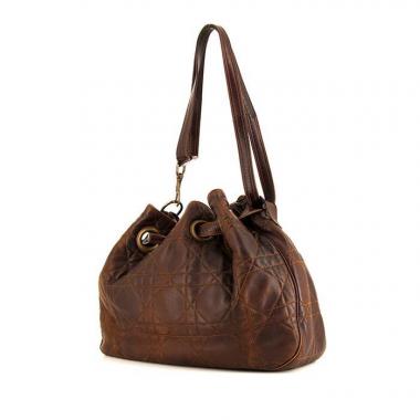 Sac porté épaule ou main Dior Drawstring en cuir cannage marron