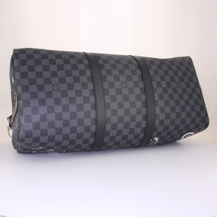 Bolsa de viaje Louis Vuitton Keepall 50 cm en lona a cuadros gris Graphite y cuero negro - Detail D5