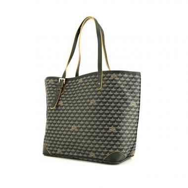 Shopping bag Fauré Le Page modello piccolo in tela monogram bicolore verde kaki e gialla e pelle verde kaki