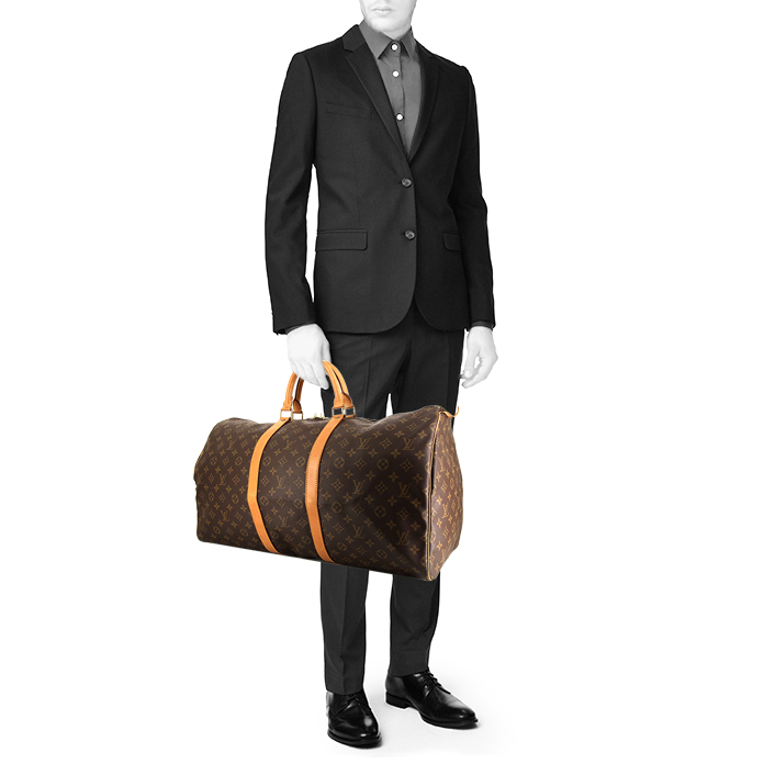 Bolsa de viaje Louis Vuitton Keepall 55 cm en lona Monogram marrón y cuero natural - Detail D1