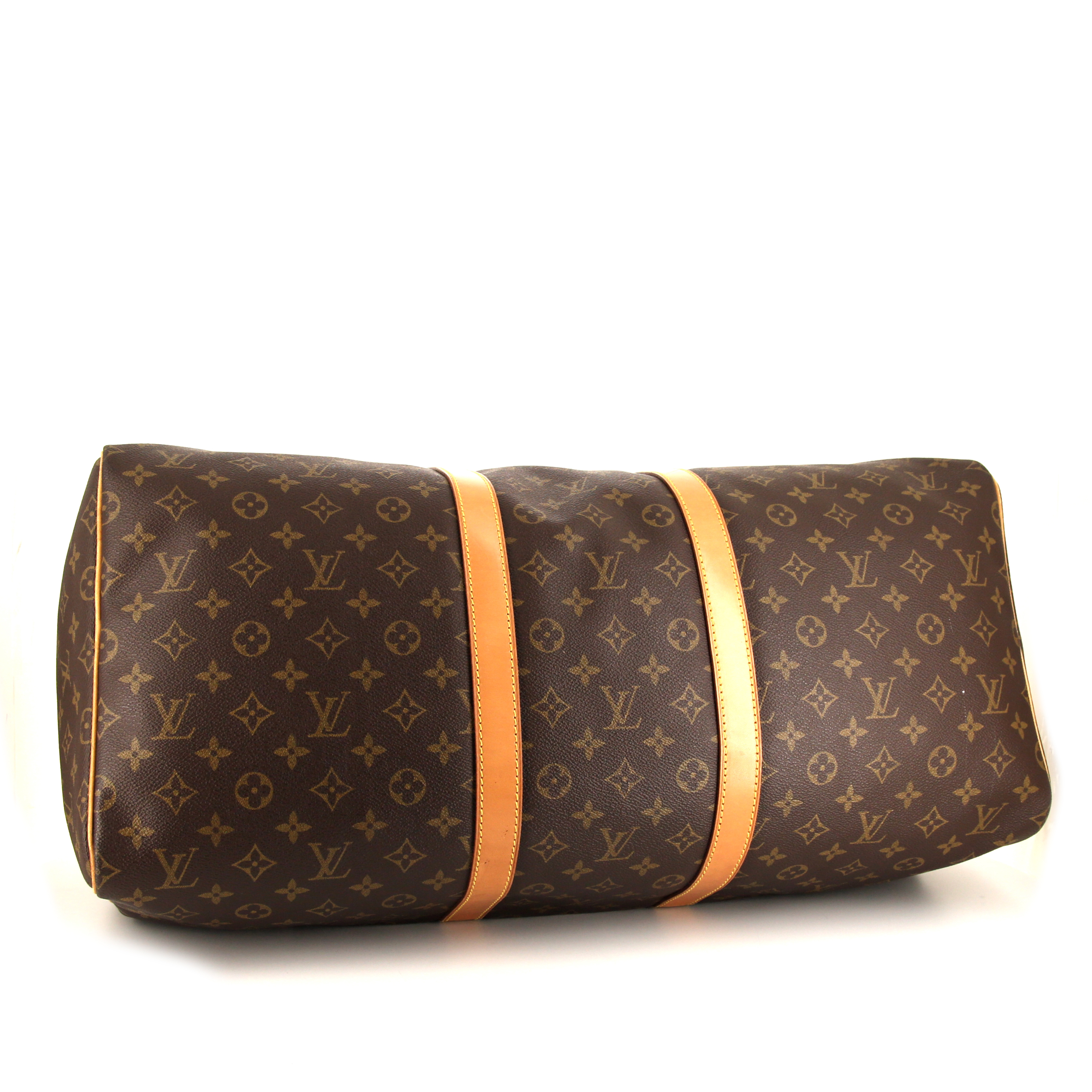 Sac de voyage Louis Vuitton Keepall 55 cm en toile monogram marron et cuir naturel - Detail D4