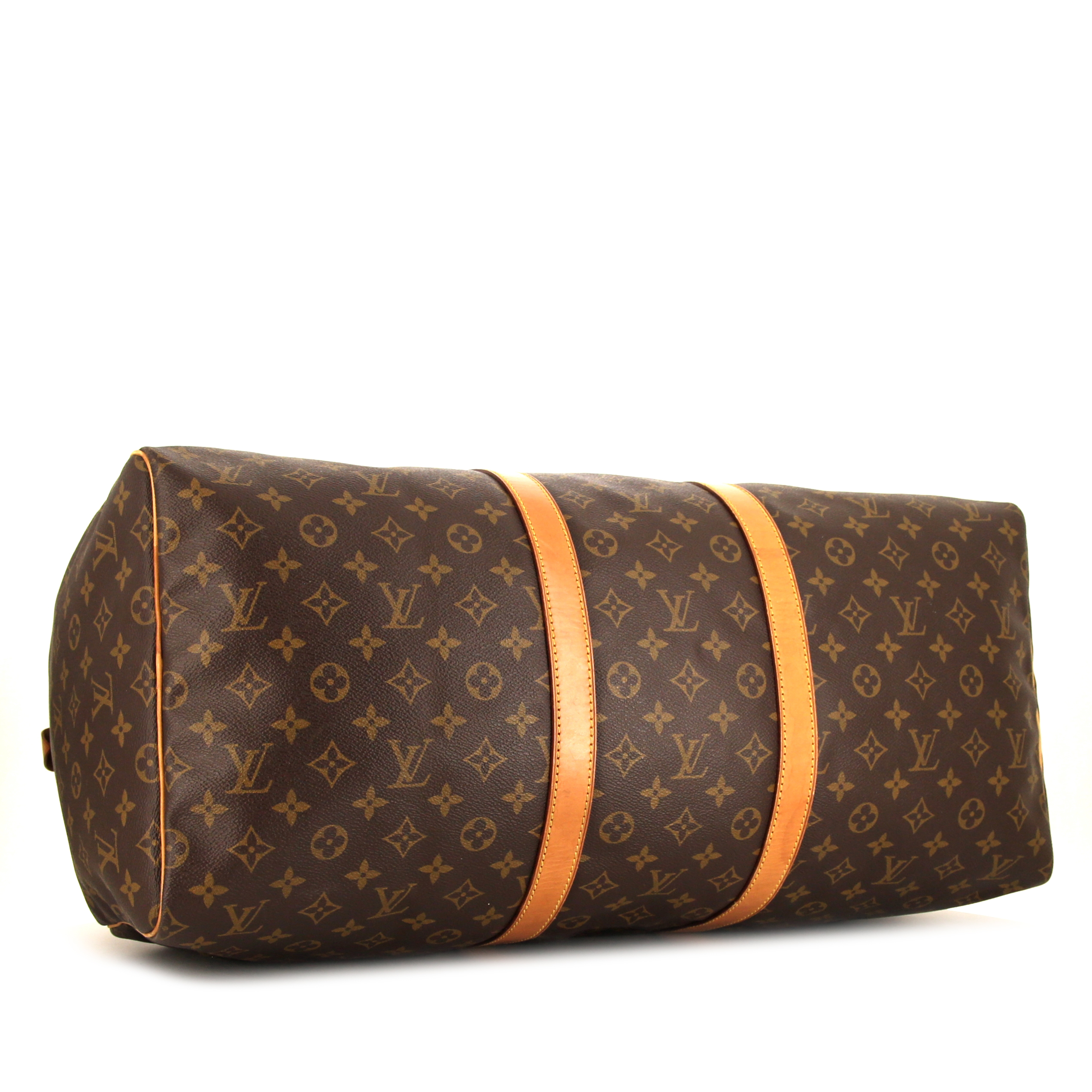 Borsa da viaggio Louis Vuitton Keepall 55 cm in tela monogram marrone e pelle naturale - Detail D4