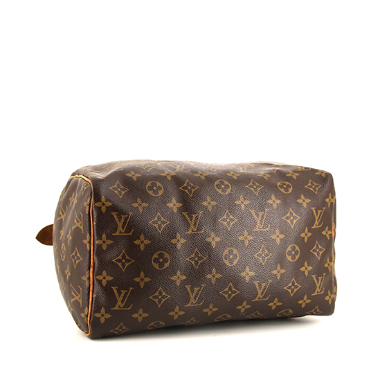 Sac à main Louis Vuitton Speedy 30 en toile monogram marron et cuir naturel - Detail D4