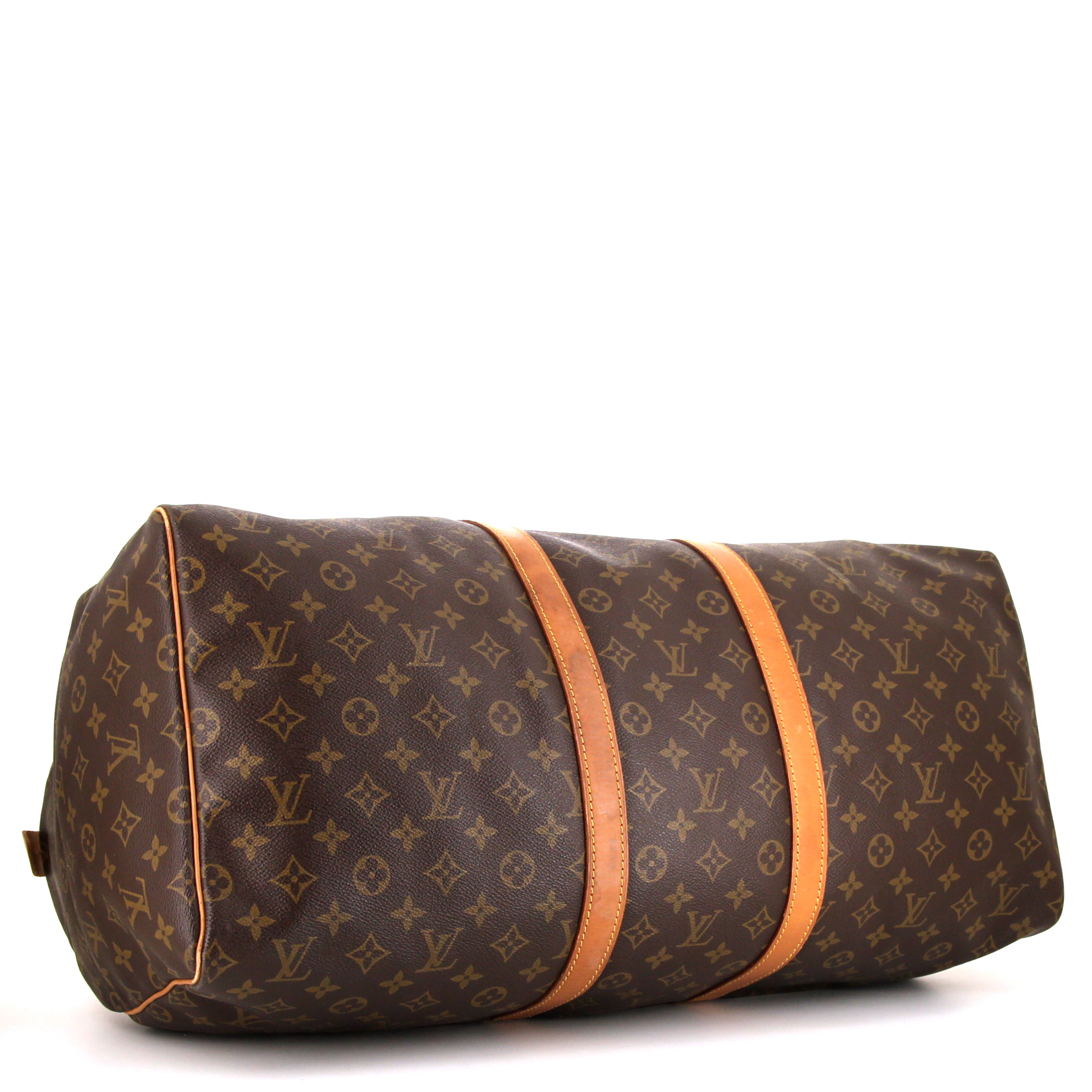 Bolsa de viaje Louis Vuitton  Keepall 55 en lona Monogram marrón y cuero natural - Detail D4