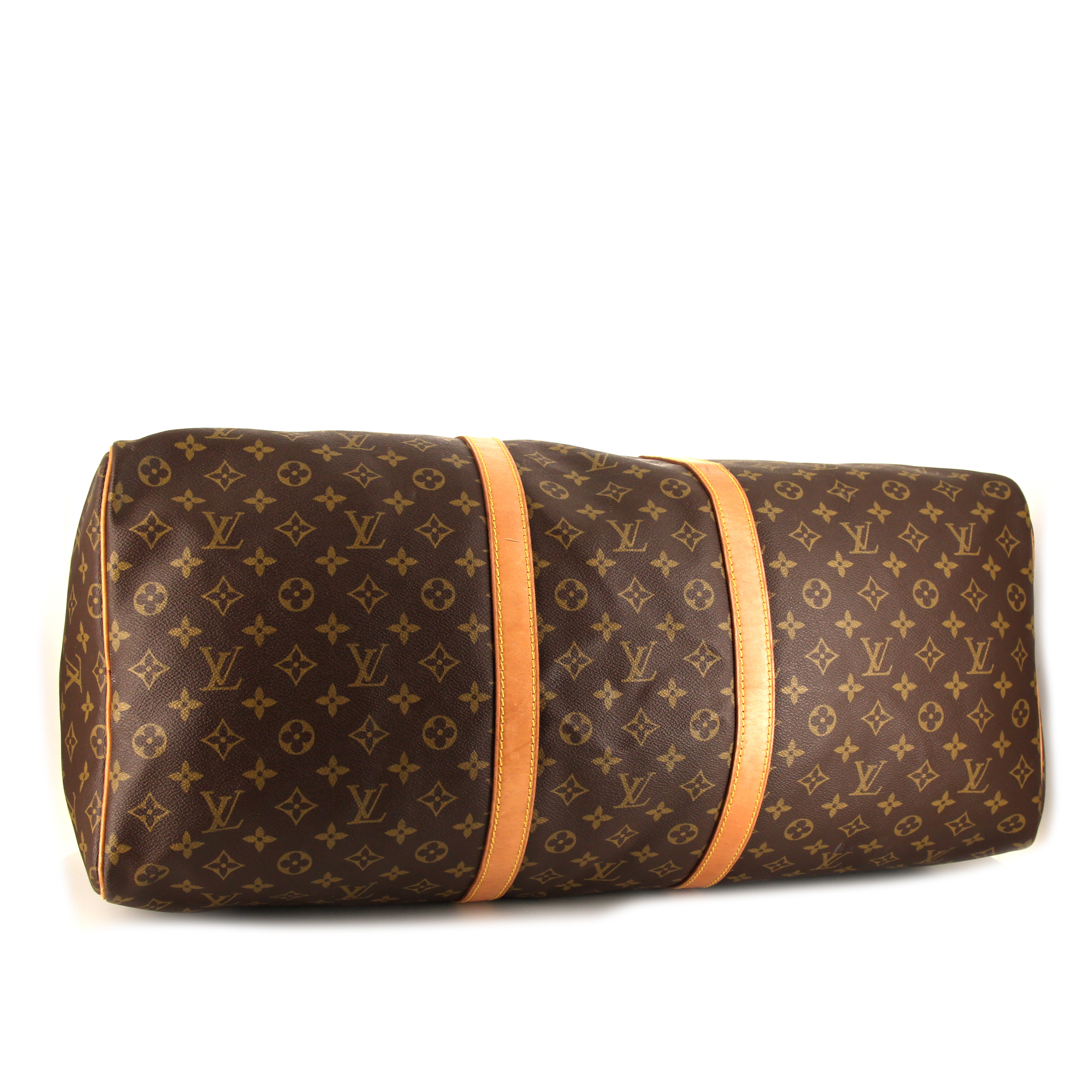 Sac de voyage Louis Vuitton Keepall 60 cm en toile monogram marron et cuir naturel - Detail D4