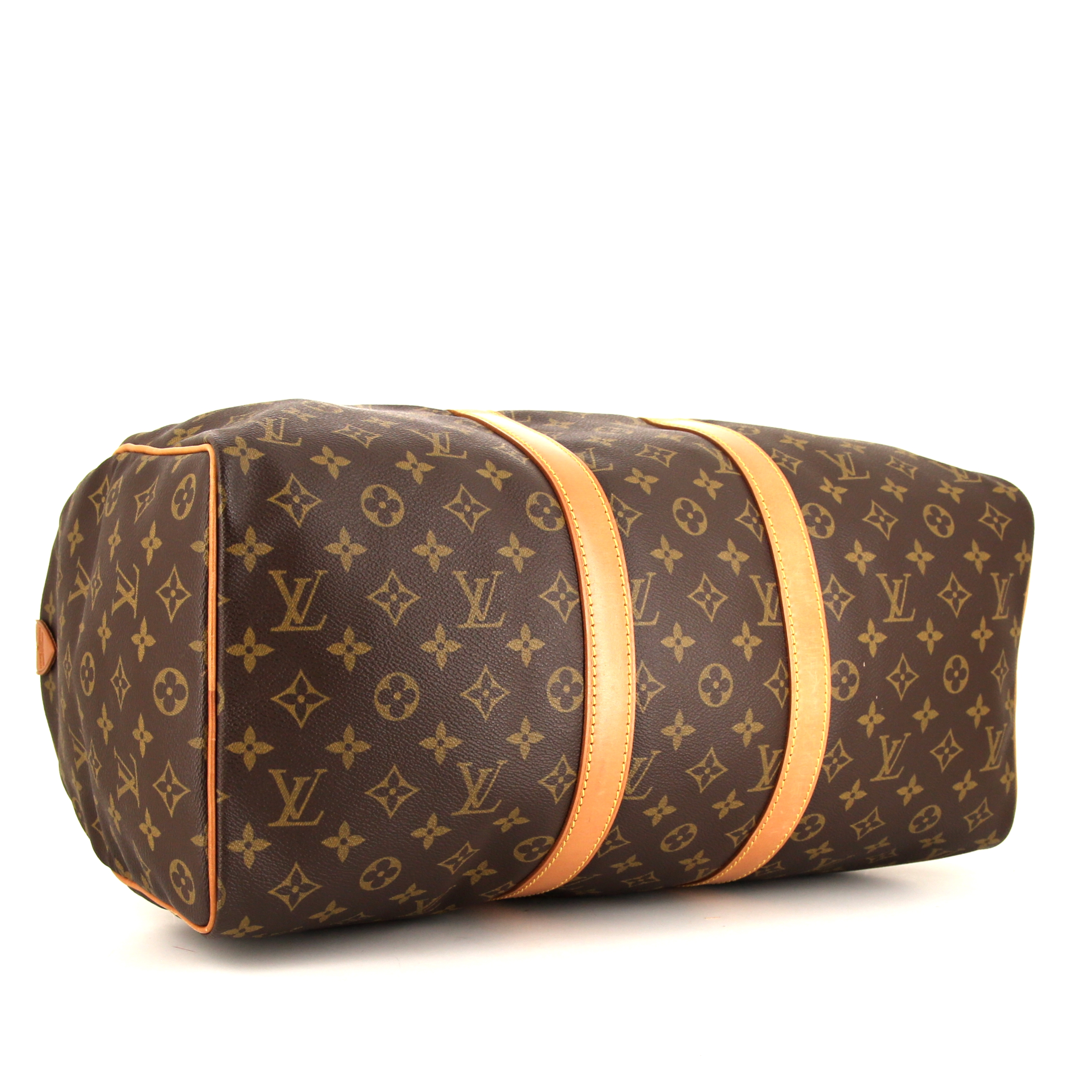 Sac de voyage Louis Vuitton Keepall 45 en toile monogram marron et cuir naturel - Detail D4