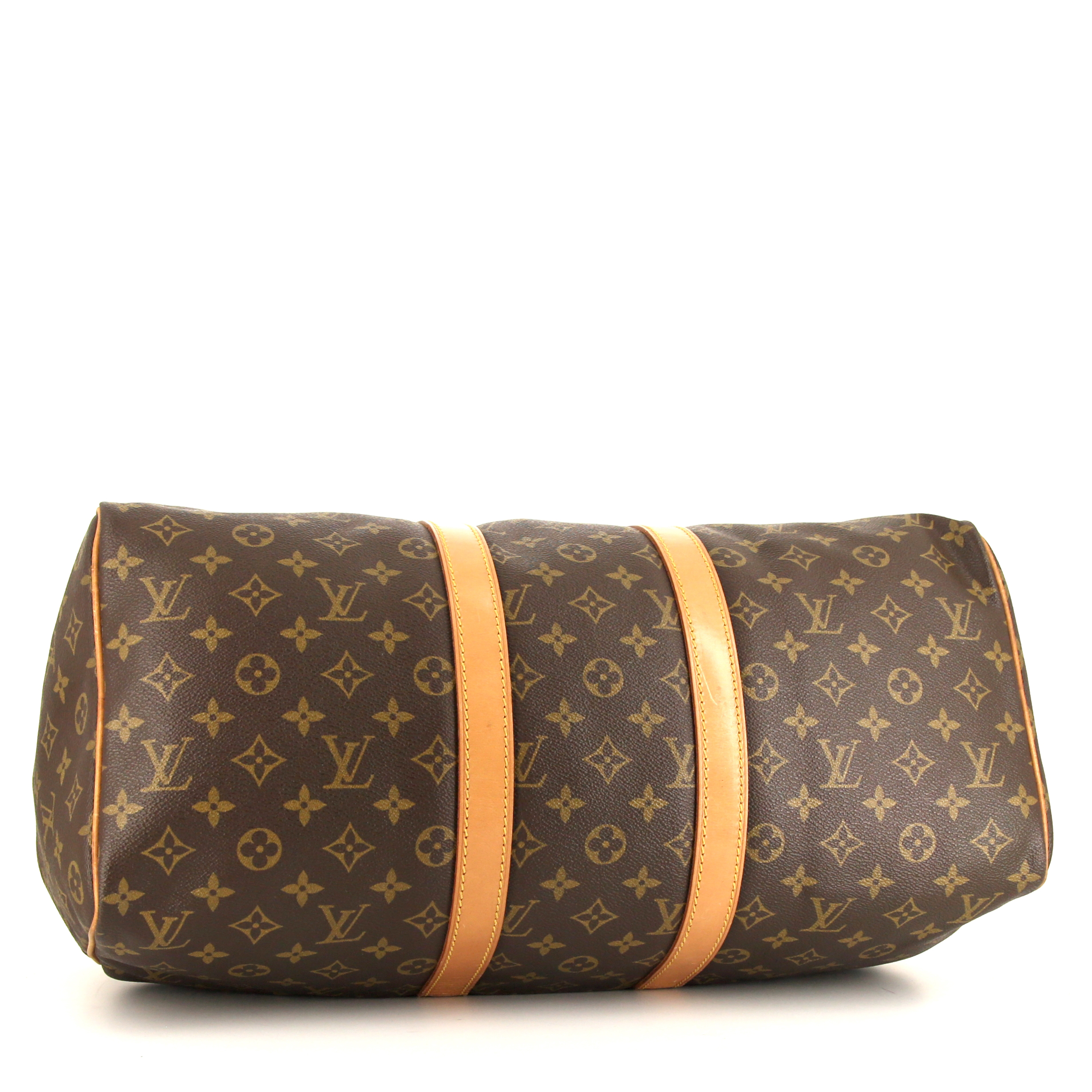 Bolsa de viaje Louis Vuitton Keepall 45 en lona Monogram marrón y cuero natural - Detail D4