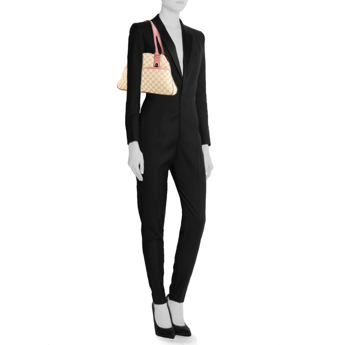 Bolso de mano Gucci en lona monogram beige y cuero rosa - Detail D1