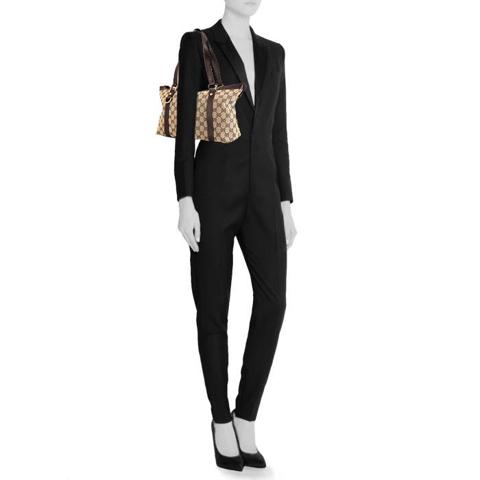 Gucci Abbey shopping bag in beige monogram canvas and chocolate brown leather - Detail D1