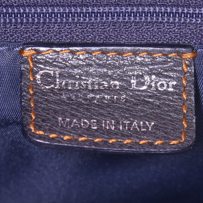 Dior handbag in beige and dark blue monogram canvas and brown leather - Detail D3