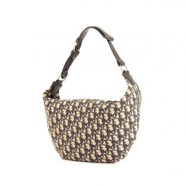 Dior handbag in beige and dark blue monogram canvas and brown leather