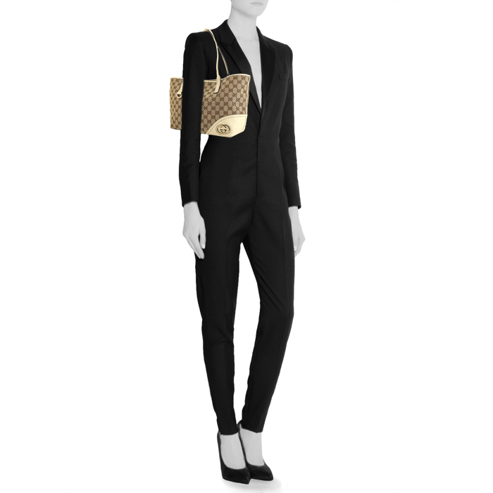 Shopping bag Gucci Britt in tela siglata beige e pelle bianco sporco - Detail D1