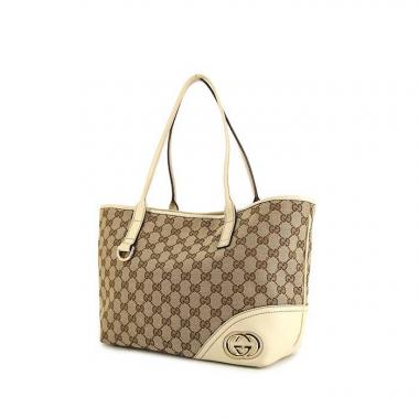 Shopping bag Gucci Britt in tela siglata beige e pelle bianco sporco