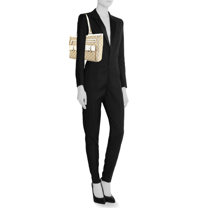 Bolso Cabás Gucci Abbey en lona Monogram beige y cuero dorado - Detail D1