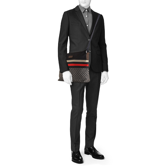 Bolso bandolera Gucci en lona azul marino, roja y gris y cuero marrón - Detail D1