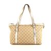 Shopping bag Gucci Abbey in tela siglata beige e pelle argentata - 360 thumbnail