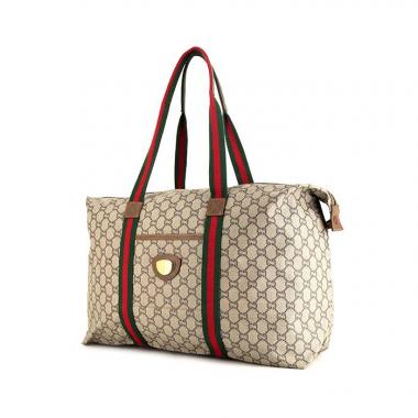 Borsa weekend Gucci Web Tote in tela monogram cerata beige e pelle marrone
