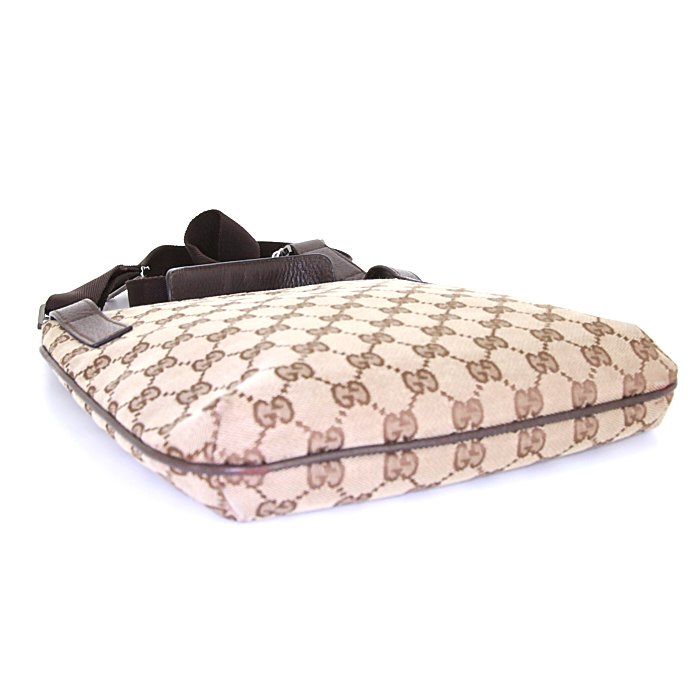 Gucci shoulder bag in beige monogram canvas and brown leather - Detail D4