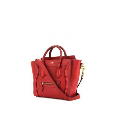 Sac à main Celine Luggage Nano en cuir grainé rouge