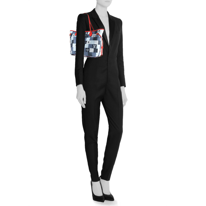 Bolso Cabás Louis Vuitton Neverfull modelo mediano en denim azul y cuero rojo - Detail D1