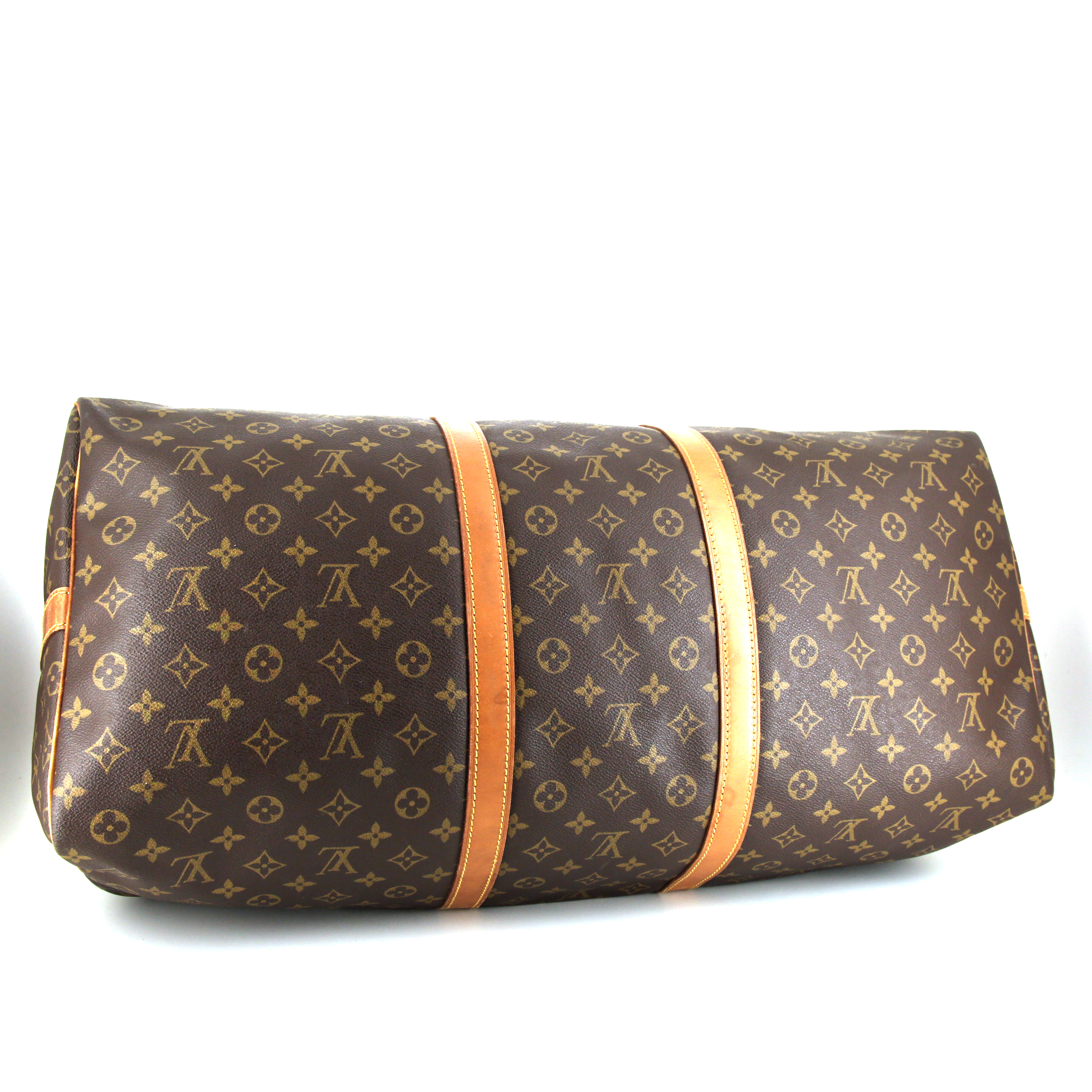 Borsa da viaggio Louis Vuitton Keepall 60 cm in tela monogram marrone e pelle naturale - Detail D5