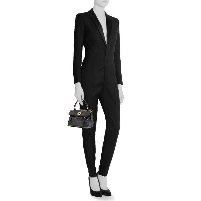 Saint Laurent Mini Muse Two handbag in navy blue grained leather and green canvas - Detail D1