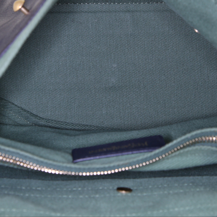 Saint Laurent Mini Muse Two handbag in navy blue grained leather and green canvas - Detail D2