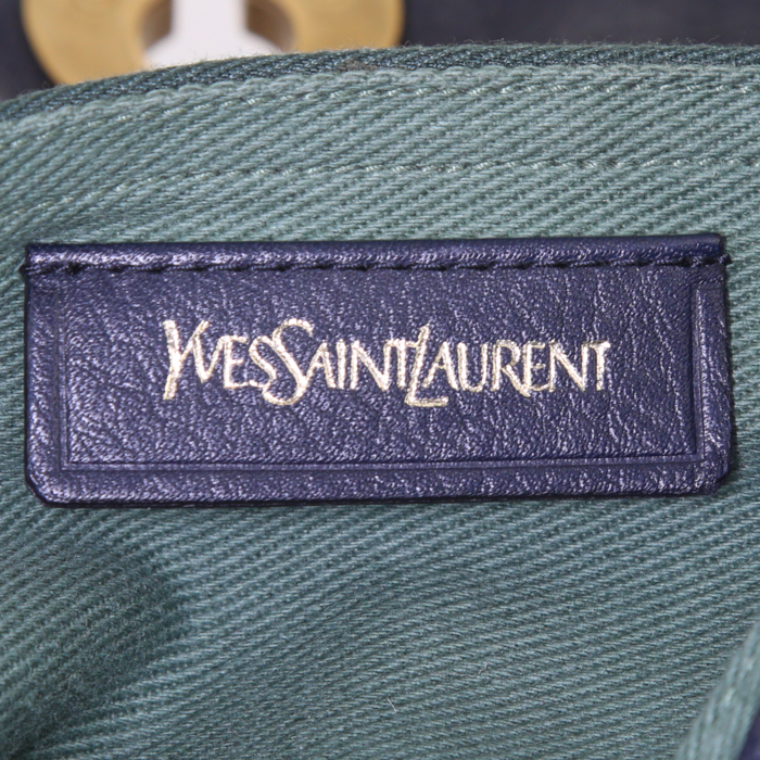 Saint Laurent Mini Muse Two handbag in navy blue grained leather and green canvas - Detail D3