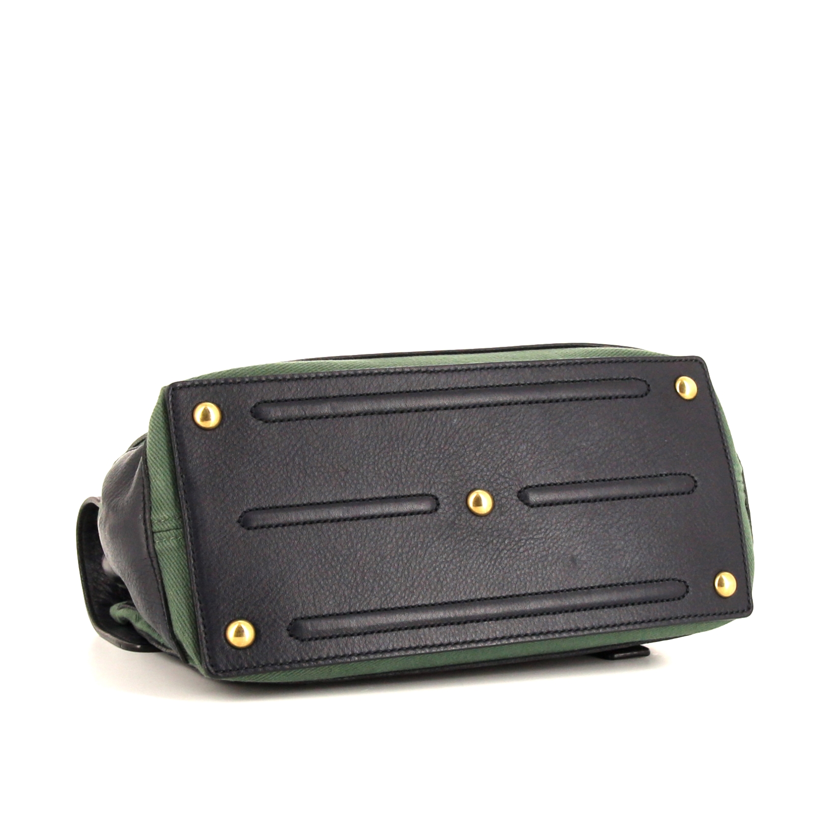 Saint Laurent Mini Muse Two handbag in navy blue grained leather and green canvas - Detail D4