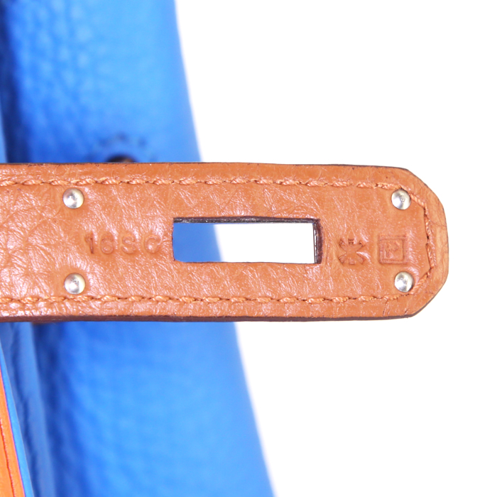Hermes Birkin 35 cm handbag in orange, red, Bleu Hydra and fawn togo leather - Detail D4