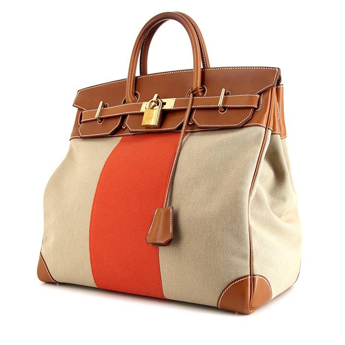 Hermes Haut à Courroies - Travel Bag travel bag in beige and orange bicolor canvas and natural leather - 00pp