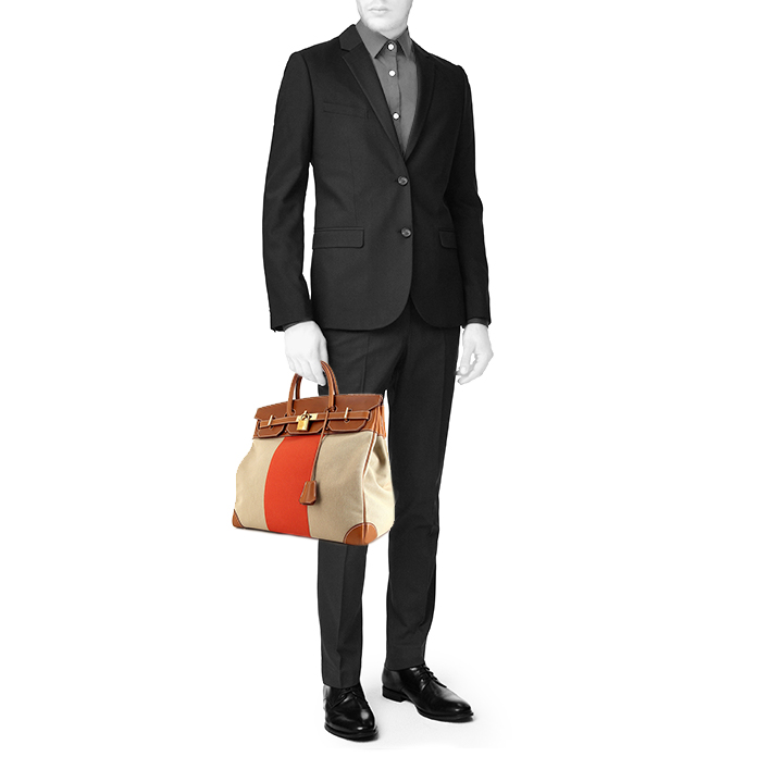 Sac de voyage Hermes Haut à Courroies - Travel Bag en toile bicolore beige et orange et cuir naturel - Detail D1