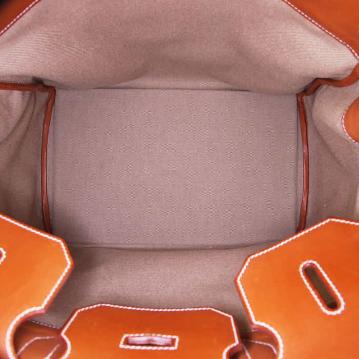 Sac de voyage Hermes Haut à Courroies - Travel Bag en toile bicolore beige et orange et cuir naturel - Detail D2