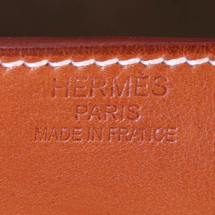 Sac de voyage Hermes Haut à Courroies - Travel Bag en toile bicolore beige et orange et cuir naturel - Detail D3