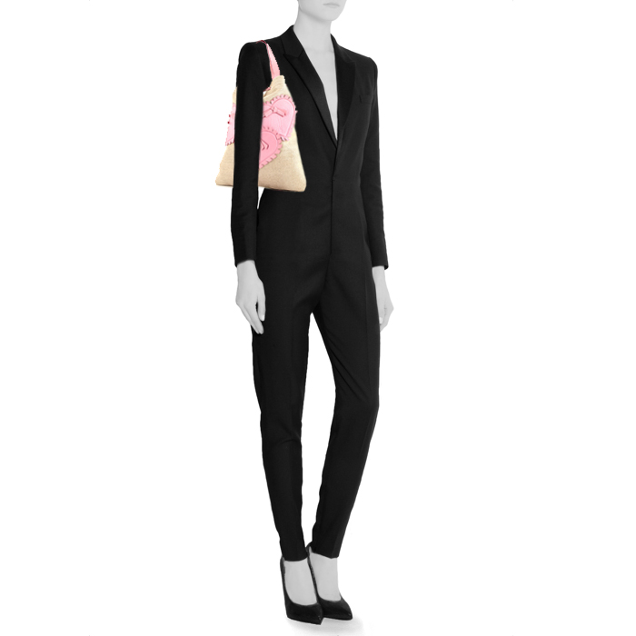 Saint Laurent Cabas YSL shopping bag in beige canvas and pink leather - Detail D1