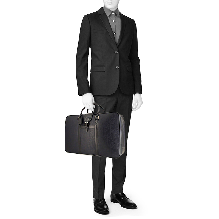 Dior suitcase in navy blue logo canvas and black leather - Detail D1