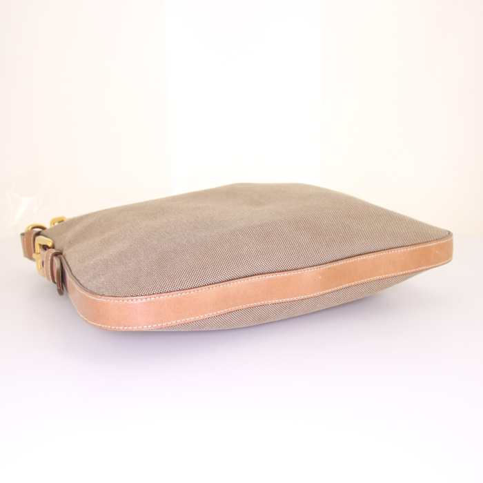 Prada shoulder bag in beige canvas and brown leather - Detail D4